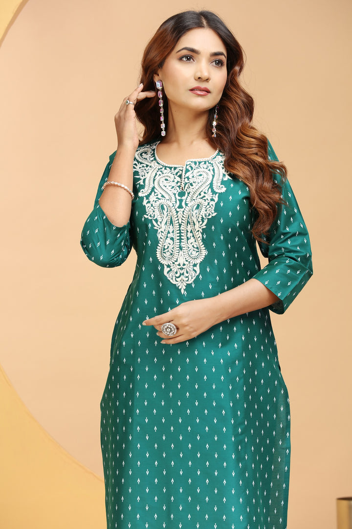 Bottle Green PolySilk Straight Embroidered Kurta