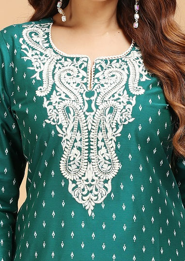 Bottle Green PolySilk Straight Embroidered Kurta