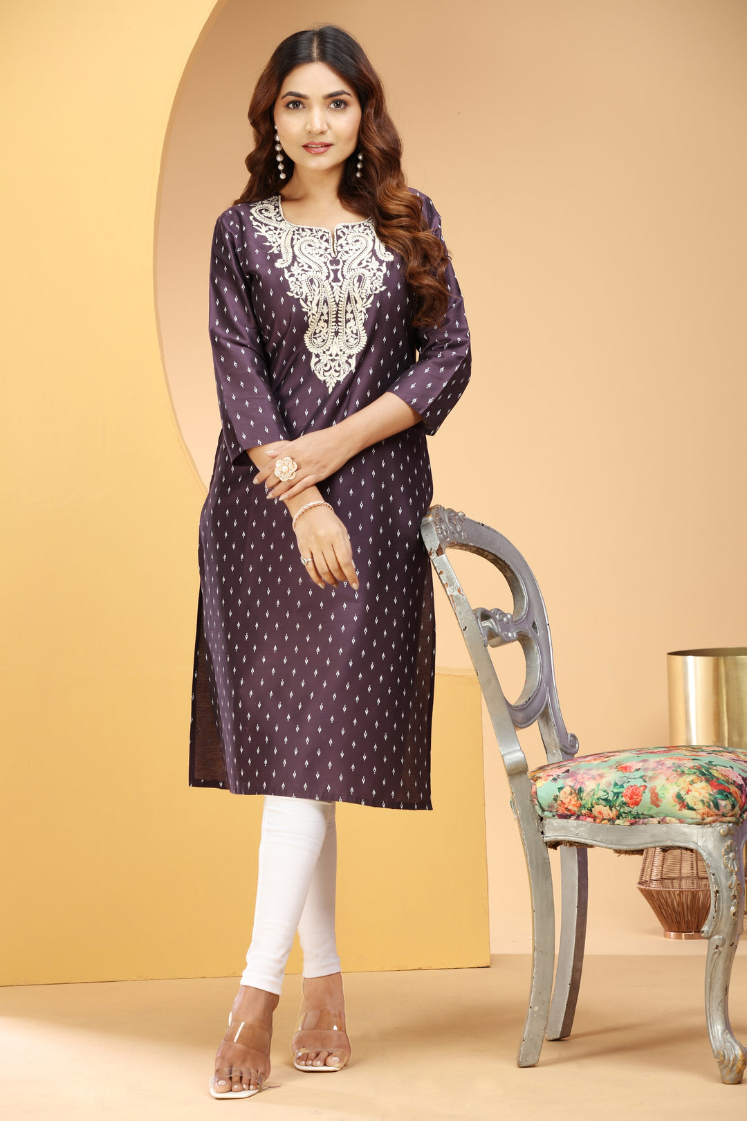 Dark Purple PolySilk Embroidered Straight Kurta