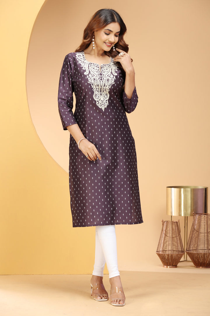 Dark Purple PolySilk Embroidered Straight Kurta