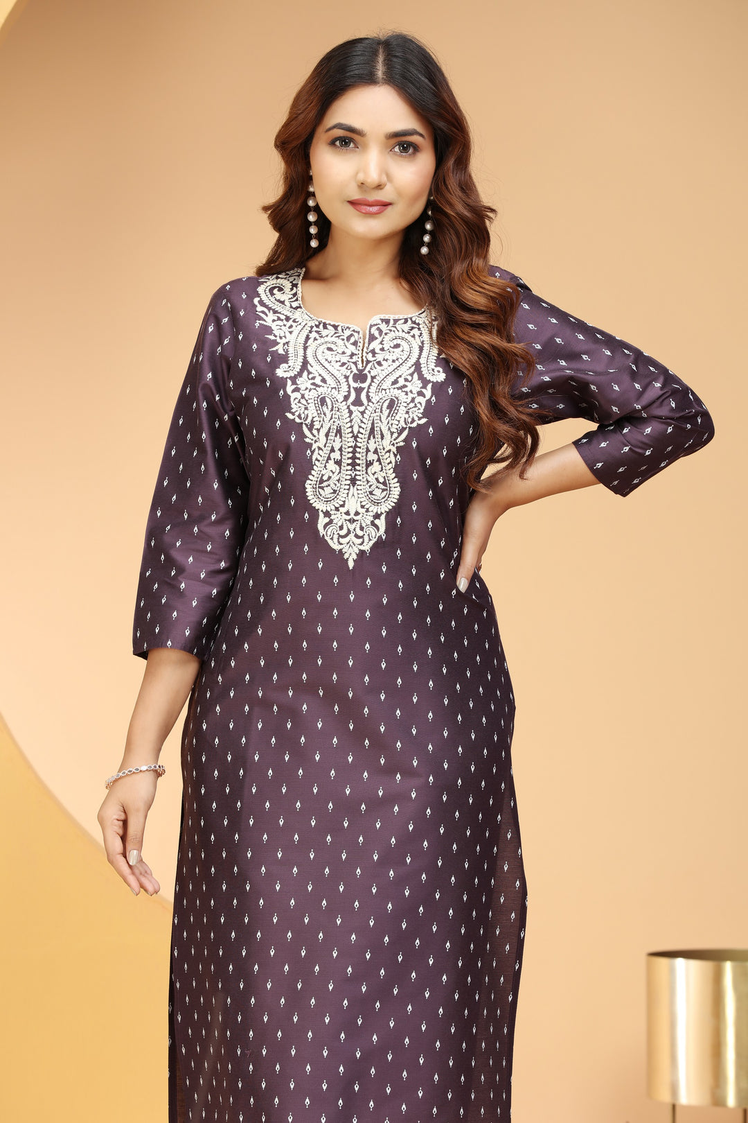 Dark Purple PolySilk Embroidered Straight Kurta