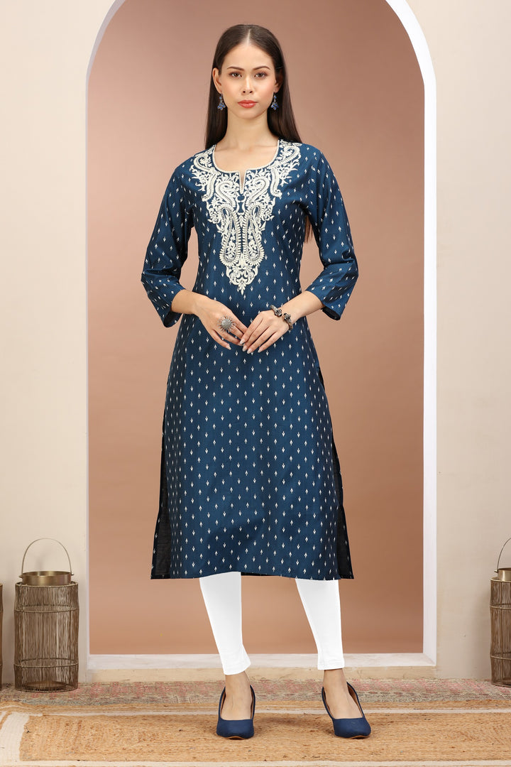 Indigo PolySilk Embroidered Straight Kurta