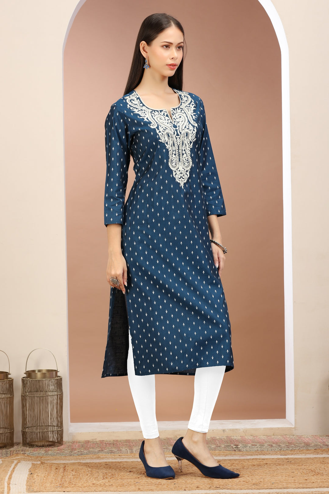 Indigo PolySilk Embroidered Straight Kurta