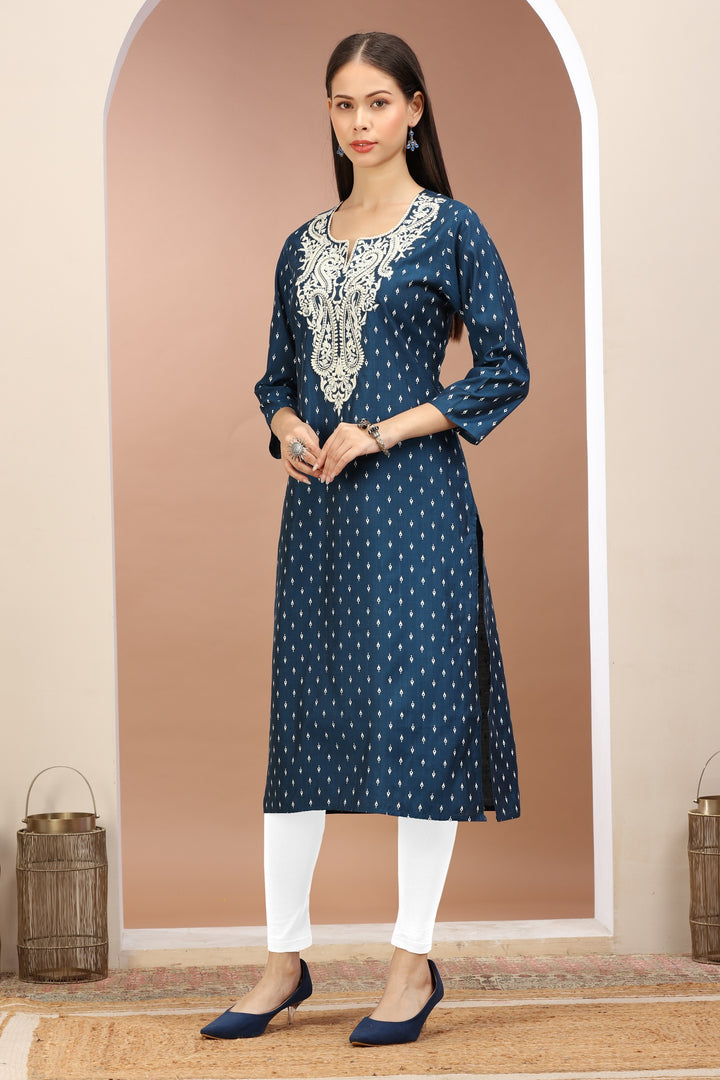 Indigo PolySilk Embroidered Straight Kurta