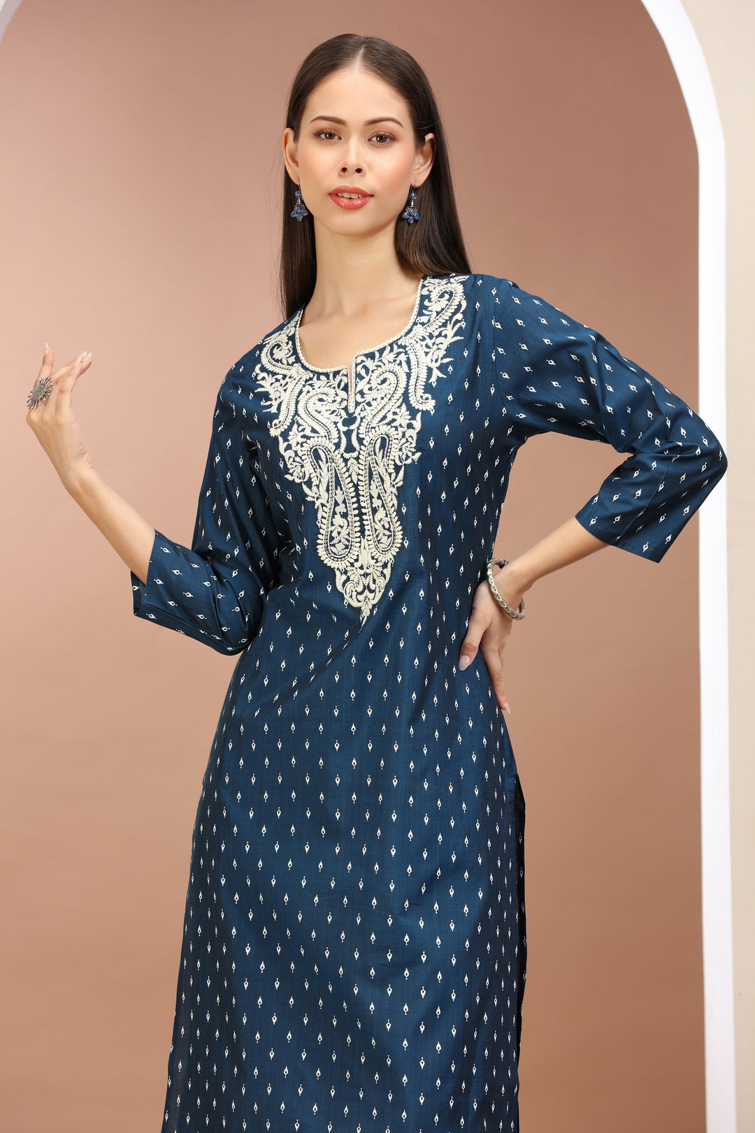 Indigo PolySilk Embroidered Straight Kurta