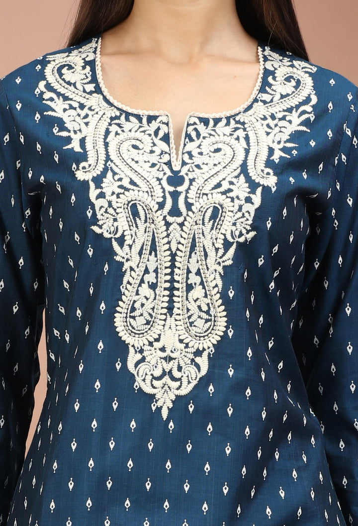 Indigo PolySilk Embroidered Straight Kurta