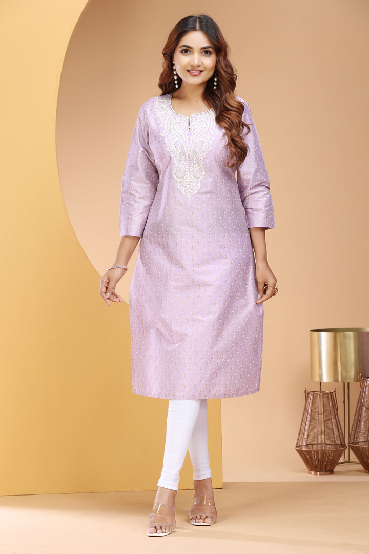 Lavender PolySilk Embroidered Straight Kurta