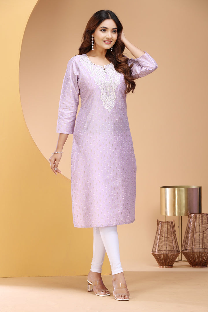 Lavender PolySilk Embroidered Straight Kurta