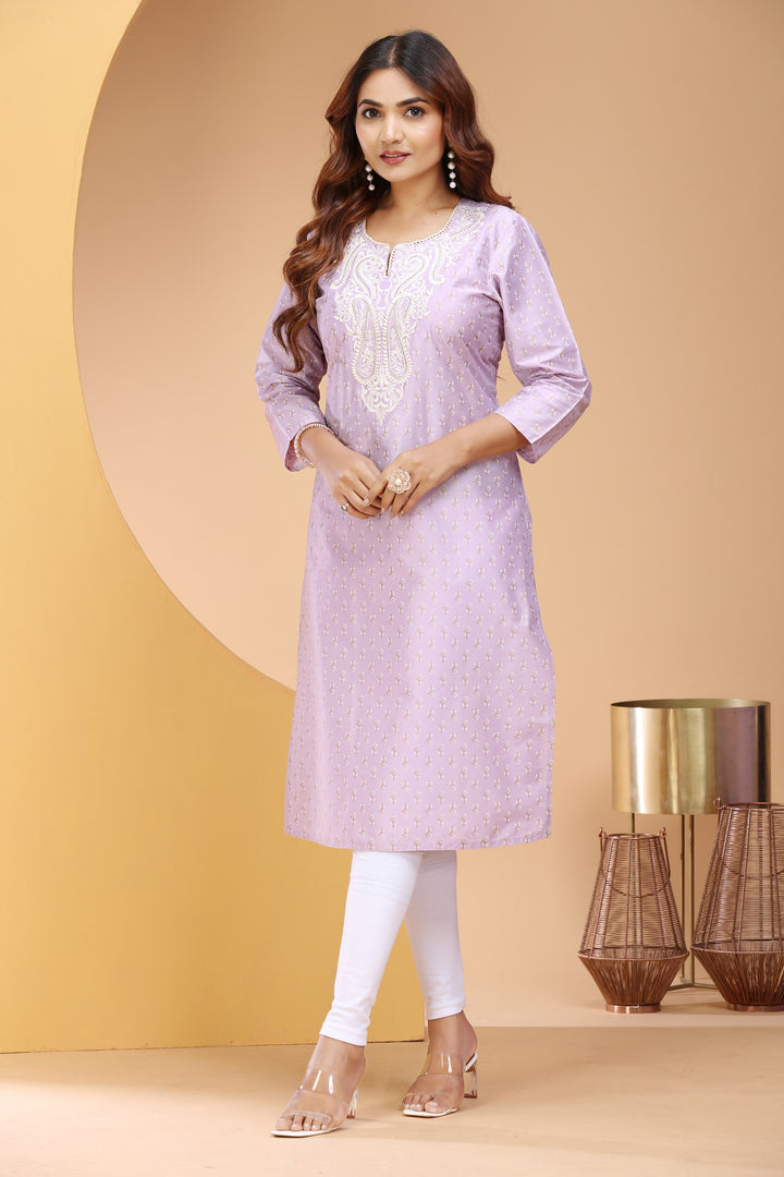 Lavender PolySilk Embroidered Straight Kurta