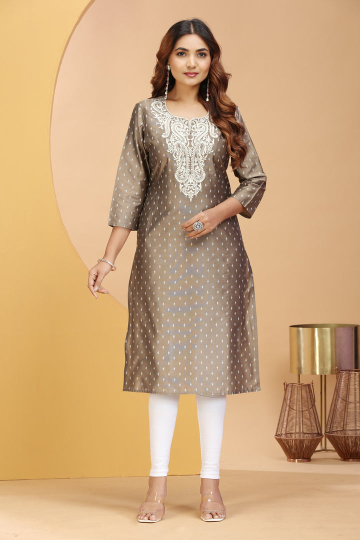 Light Brown PolySilk Embroidered Straight Kurta