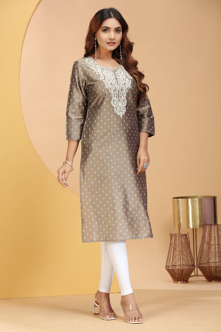 Light Brown PolySilk Embroidered Straight Kurta