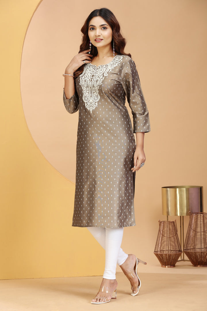 Light Brown PolySilk Embroidered Straight Kurta