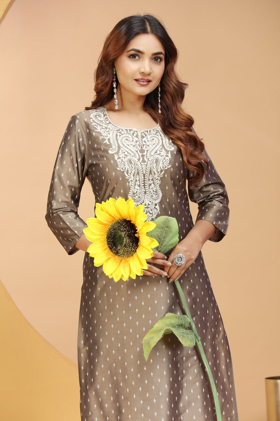 Light Brown PolySilk Embroidered Straight Kurta