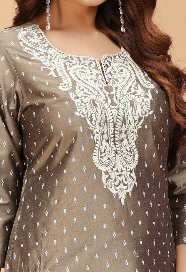 Light Brown PolySilk Embroidered Straight Kurta