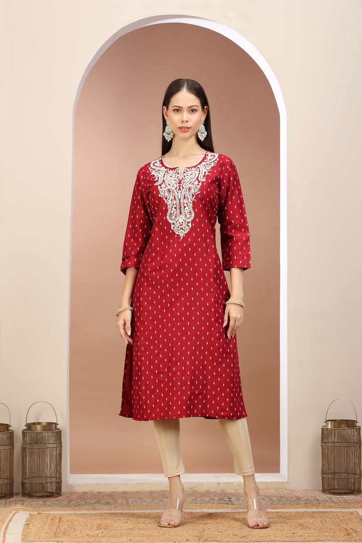 Maroon PolySilk Embroidered Straight Kurta