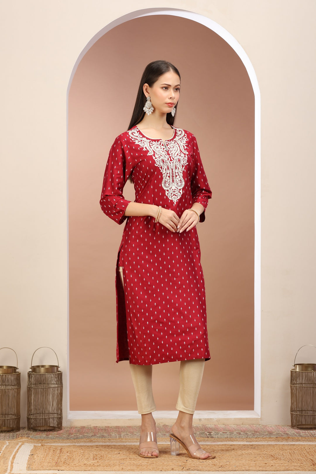 Maroon PolySilk Embroidered Straight Kurta