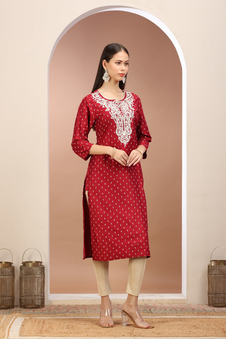 Maroon PolySilk Embroidered Straight Kurta