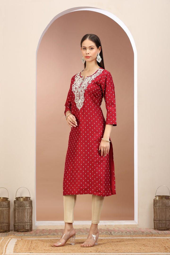 Maroon PolySilk Embroidered Straight Kurta