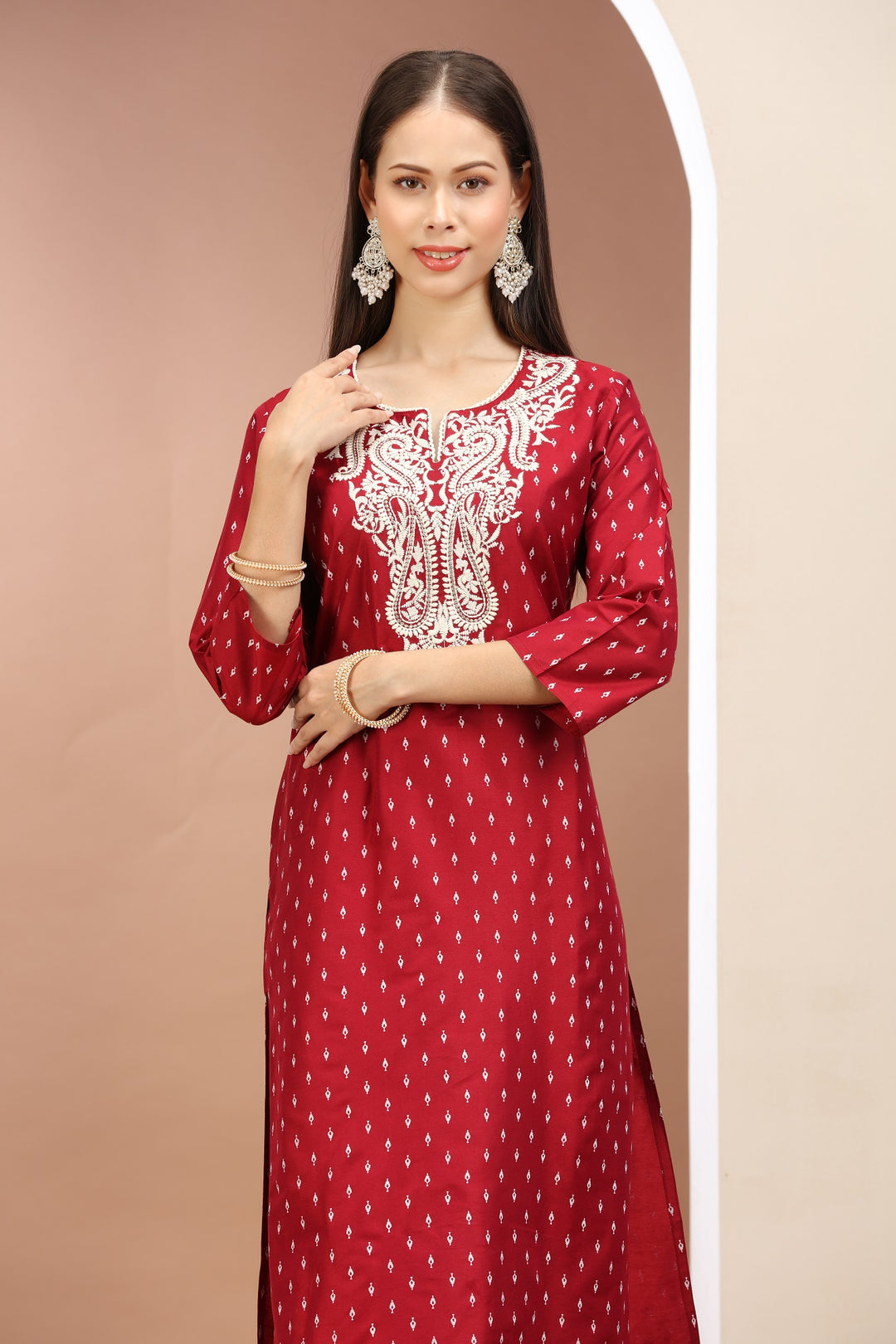 Maroon PolySilk Embroidered Straight Kurta