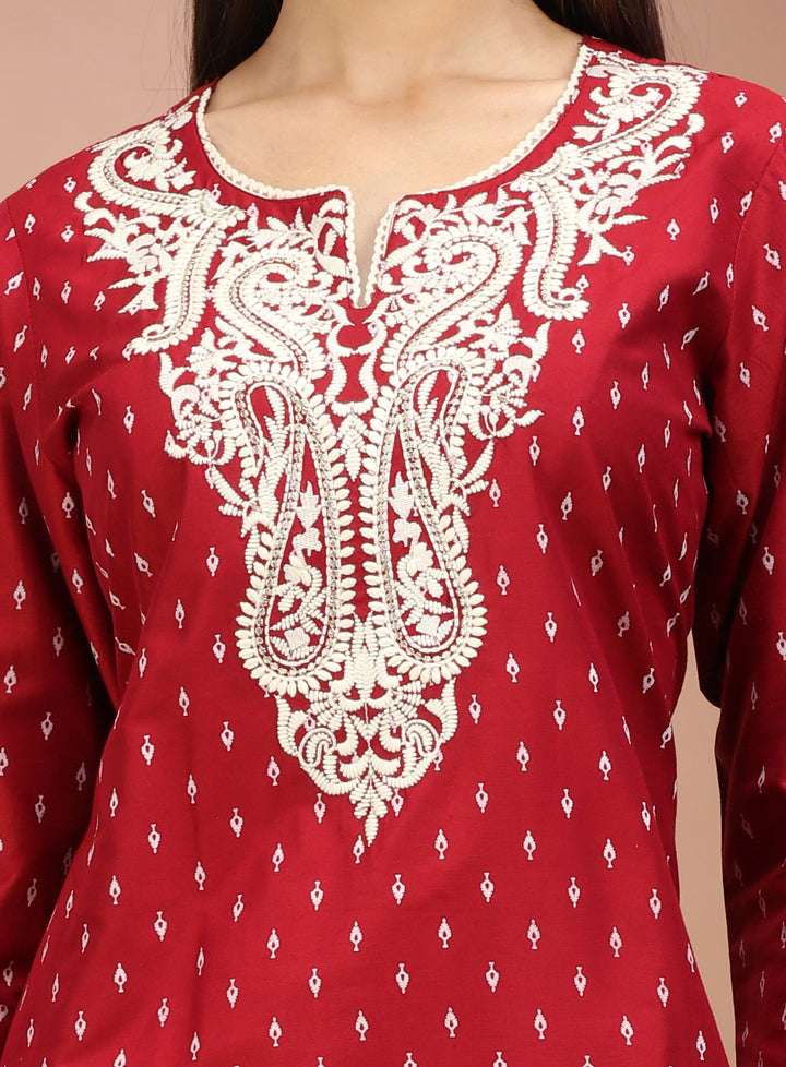 Maroon PolySilk Embroidered Straight Kurta