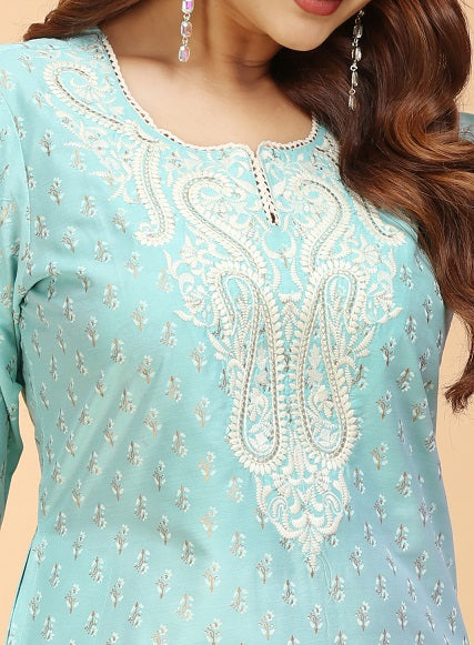 Mint Green PolySilk Embroidered Straight Kurta