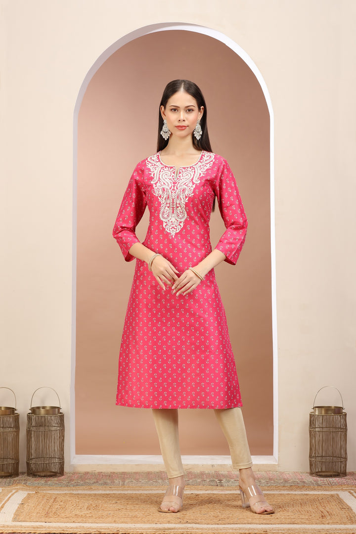 Pink PolySilk Embroidered Straight Kurta