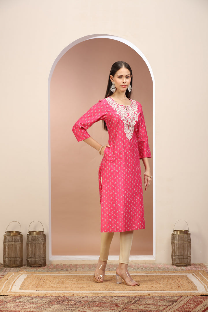 Pink PolySilk Embroidered Straight Kurta