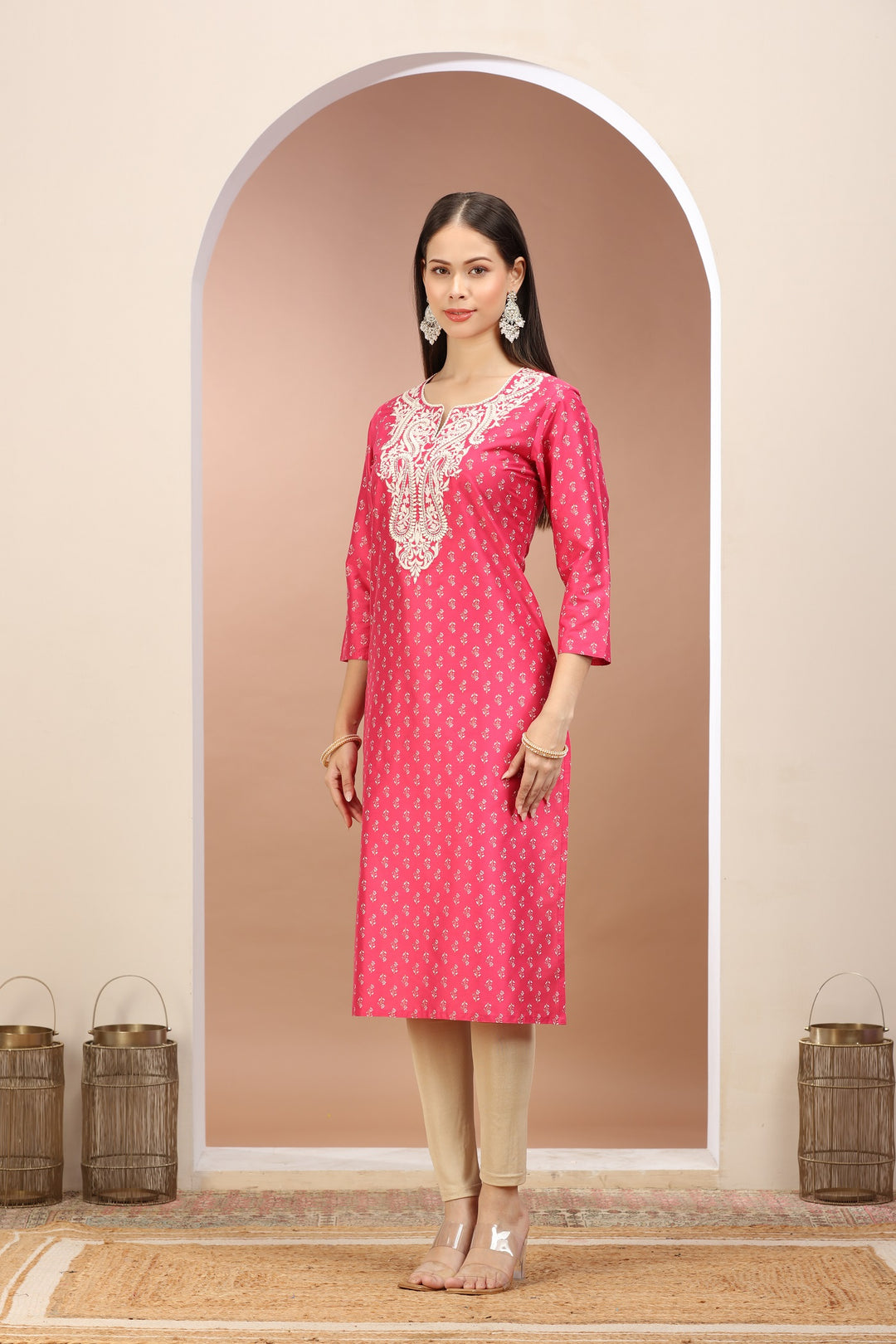 Pink PolySilk Embroidered Straight Kurta