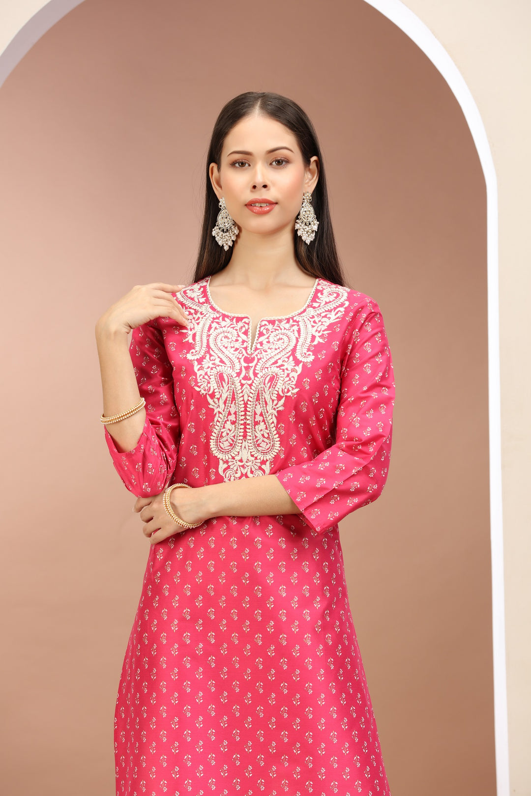 Pink PolySilk Embroidered Straight Kurta