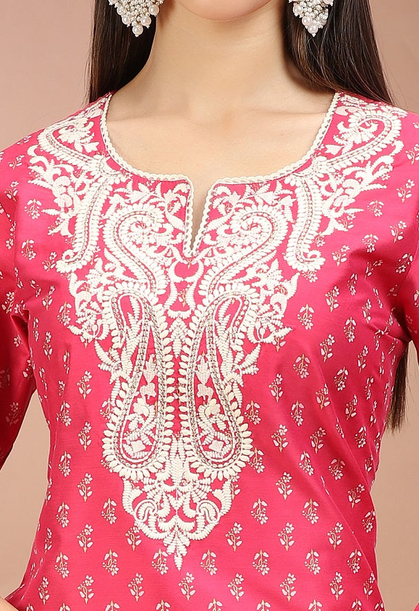 Pink PolySilk Embroidered Straight Kurta