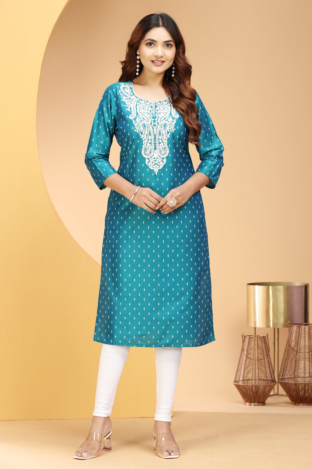 Teal PolySilk Straight Embroidered Kurta