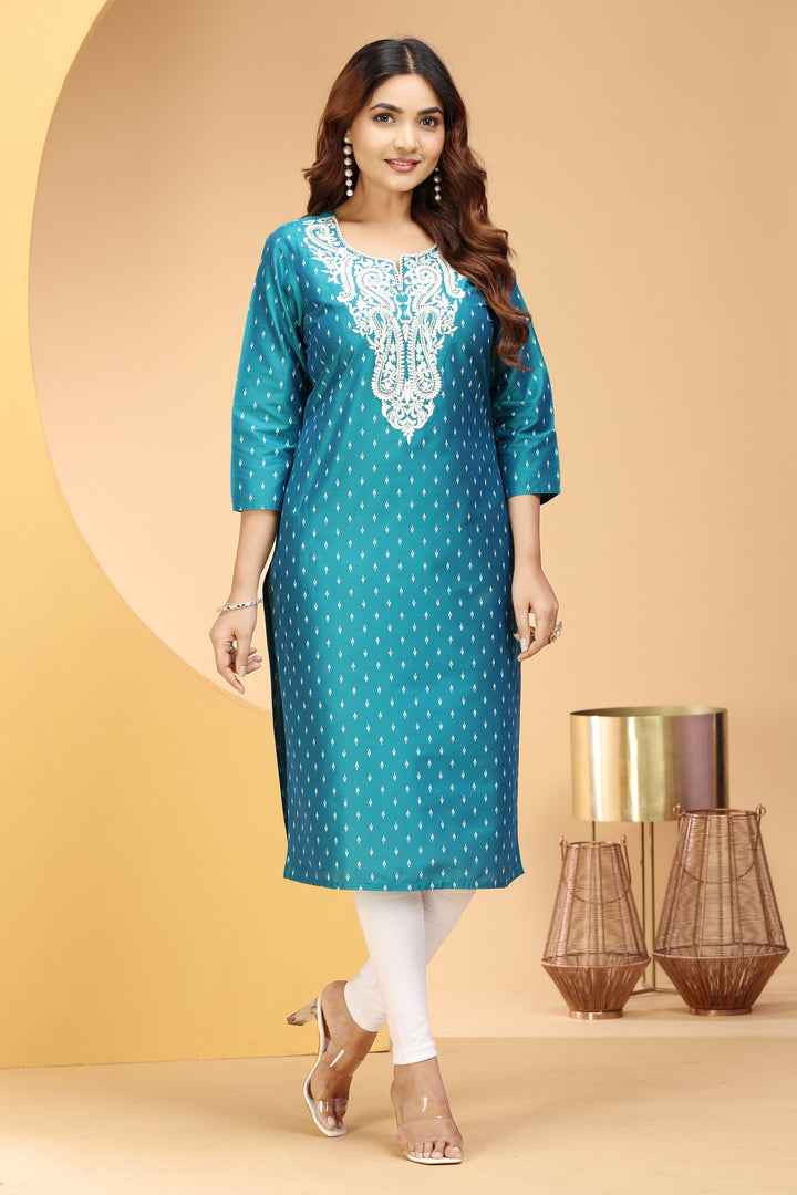 Teal PolySilk Straight Embroidered Kurta