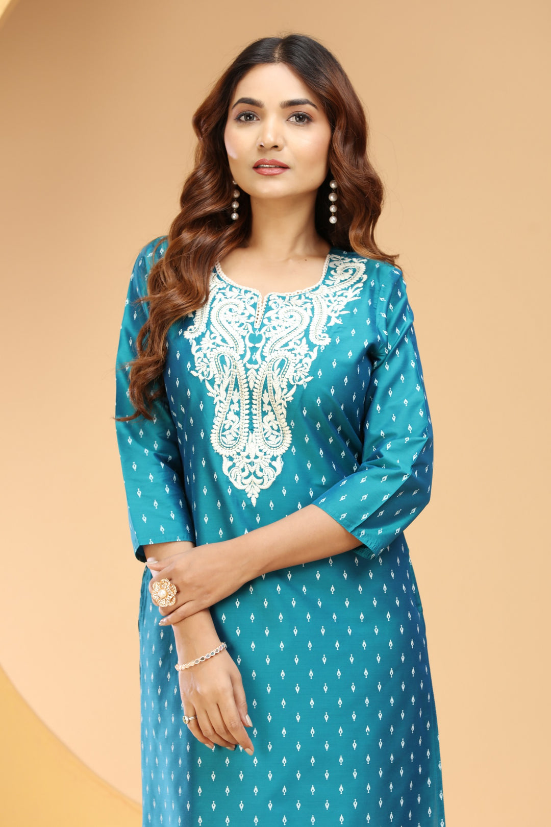 Teal PolySilk Straight Embroidered Kurta