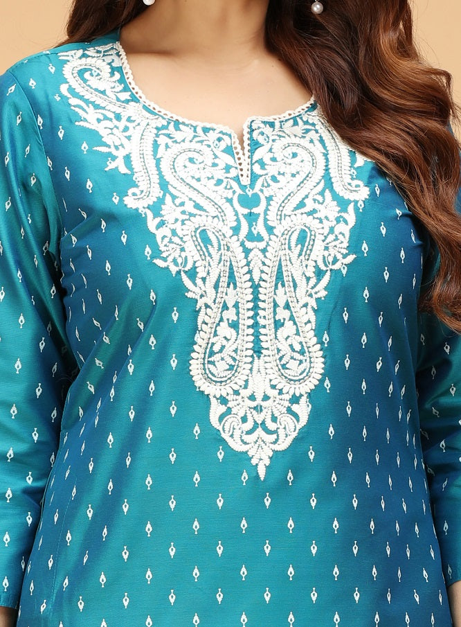 Teal PolySilk Straight Embroidered Kurta