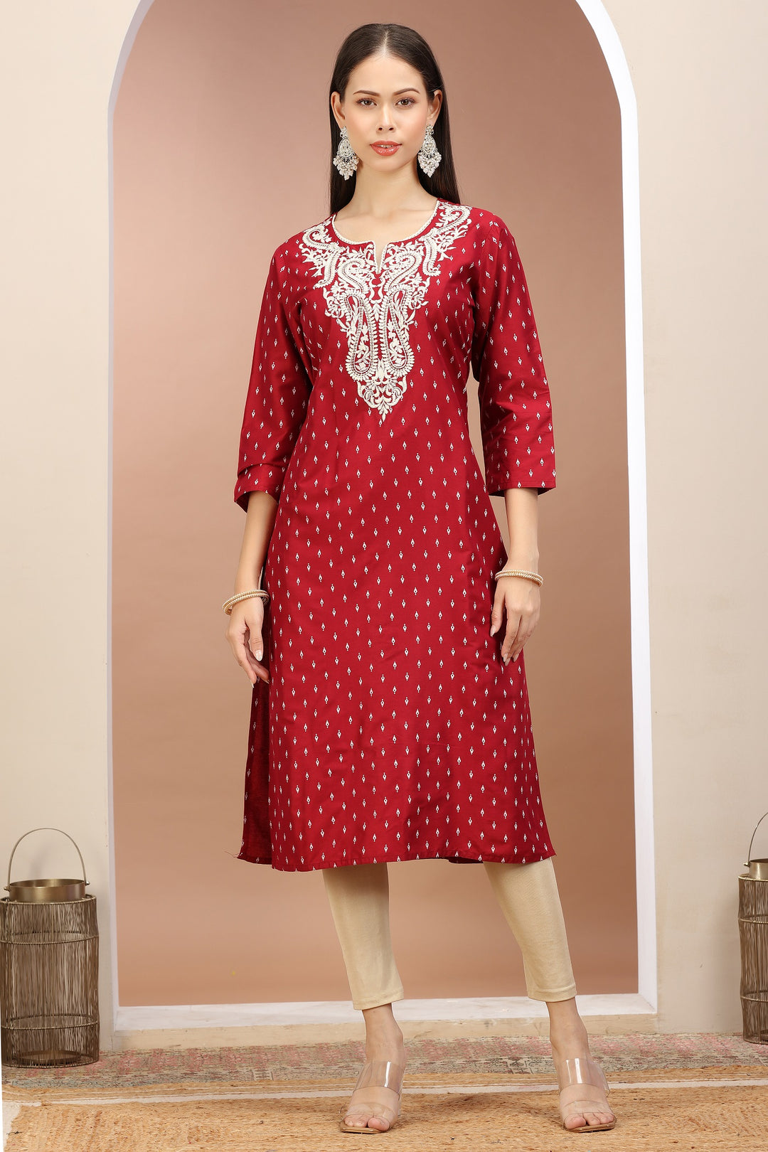 Maroon PolySilk Embroidered Straight Kurta