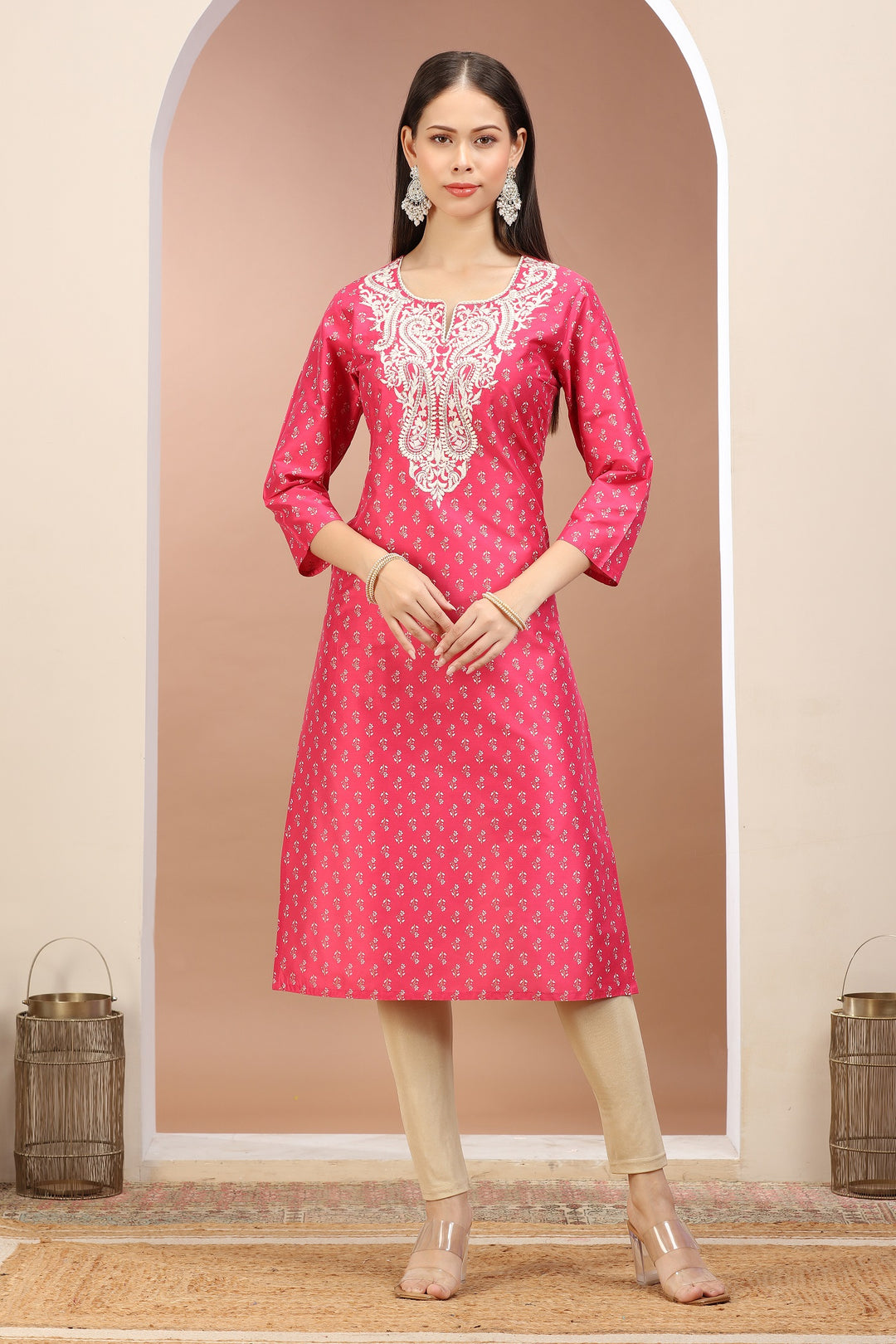 Pink PolySilk Embroidered Straight Kurta