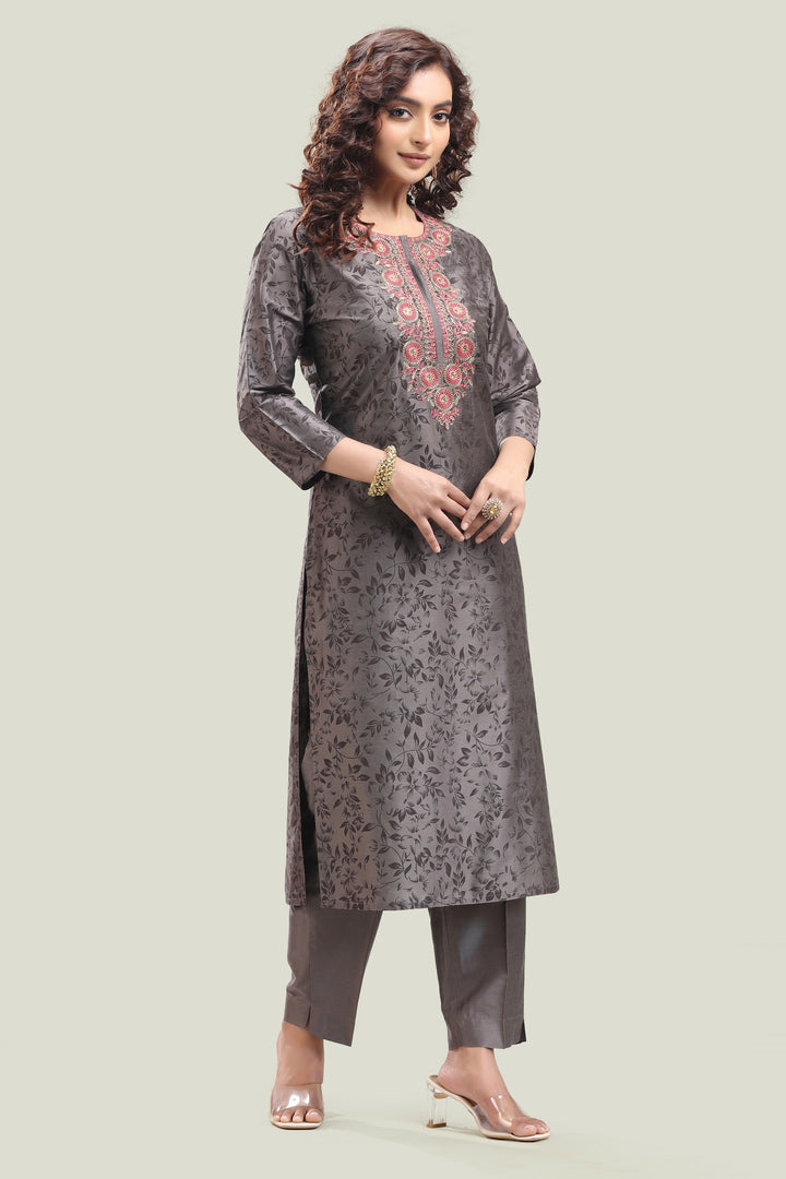 Brown PolySilk Straight Embroidered Kurta Pant Co ord Set