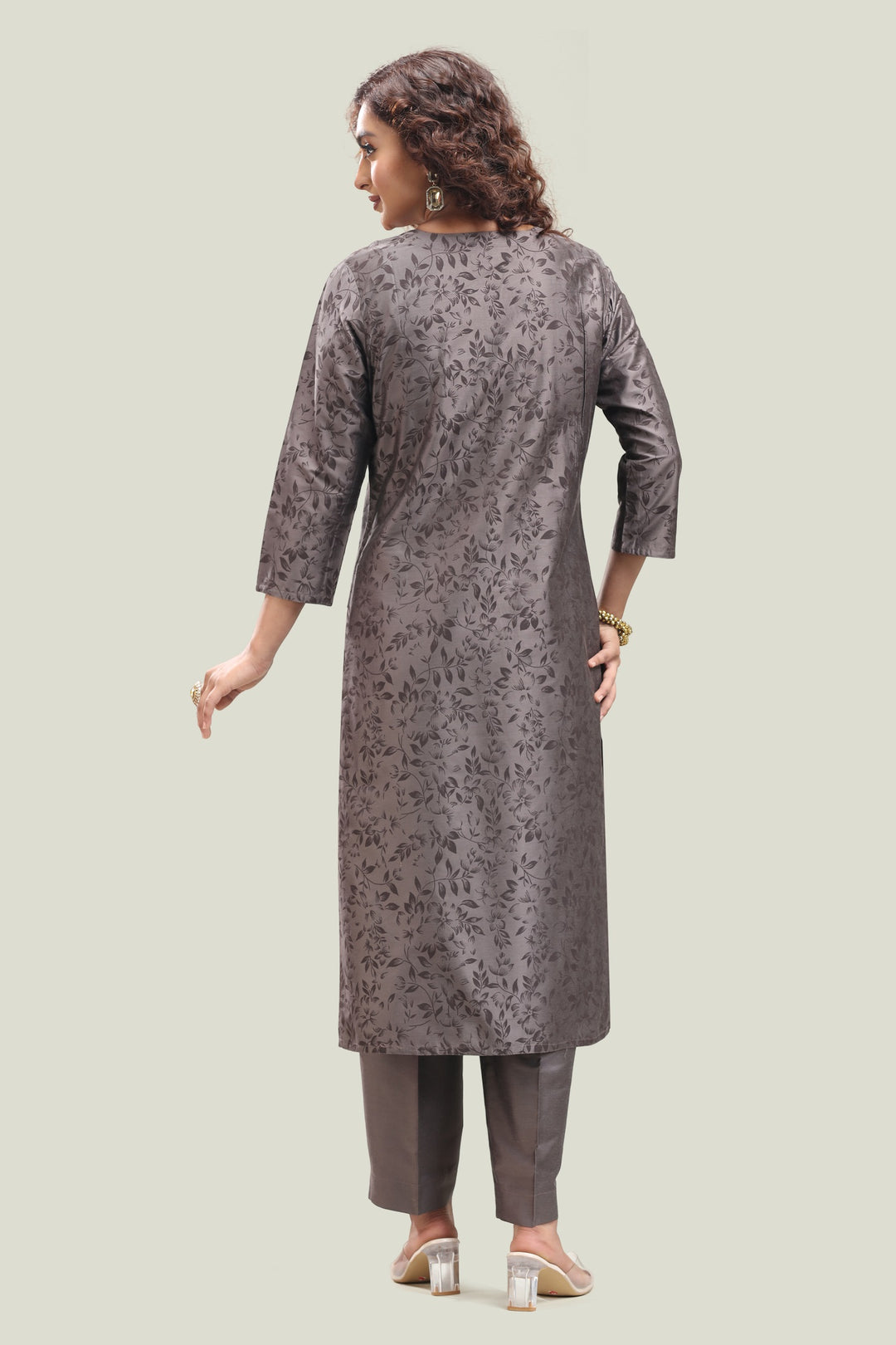 Brown PolySilk Straight Embroidered Kurta Pant Co ord Set