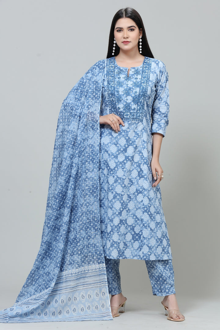 Sky Blue Jaipuri Cotton Straight Printed Kurta Pant Suit Set