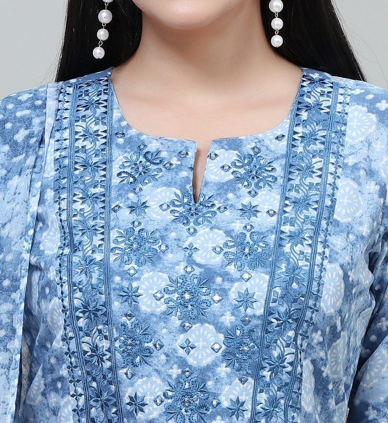 Sky Blue Jaipuri Cotton Straight Printed Kurta Pant Suit Set