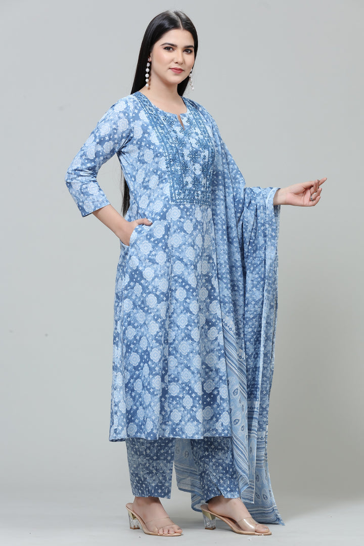 Sky Blue Jaipuri Cotton Straight Printed Kurta Pant Suit Set