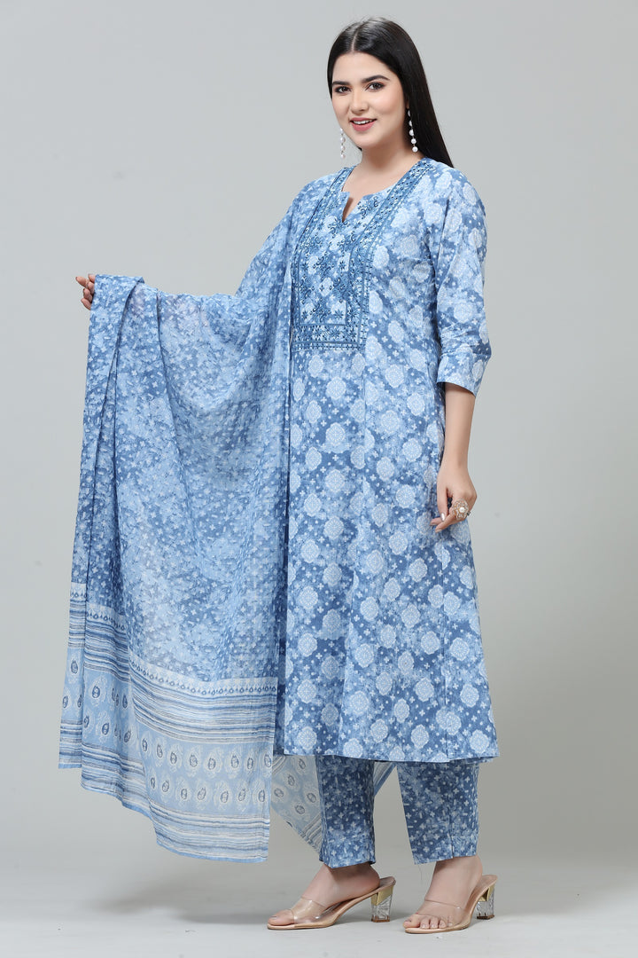 Sky Blue Jaipuri Cotton Straight Printed Kurta Pant Suit Set