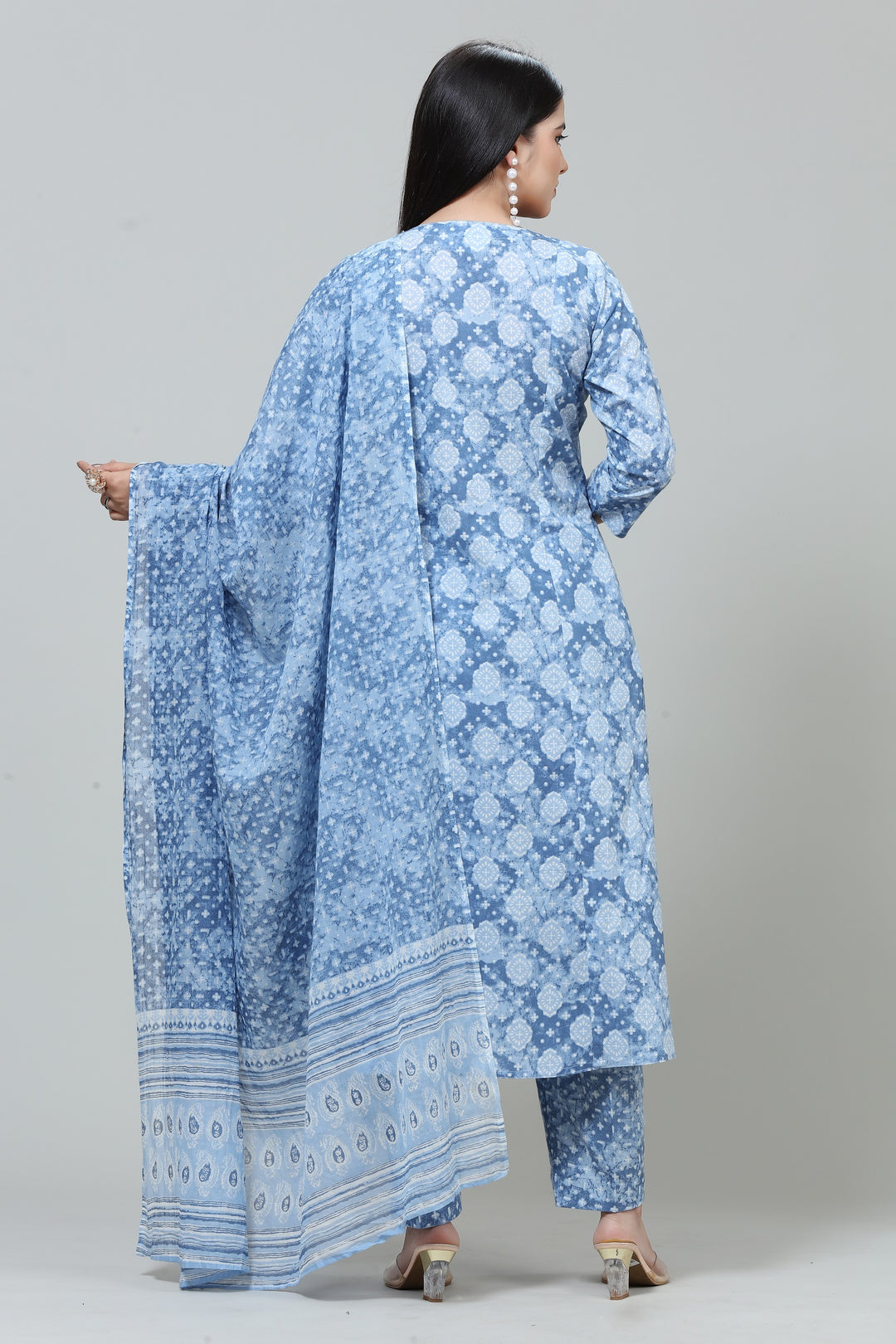 Sky Blue Jaipuri Cotton Straight Printed Kurta Pant Suit Set