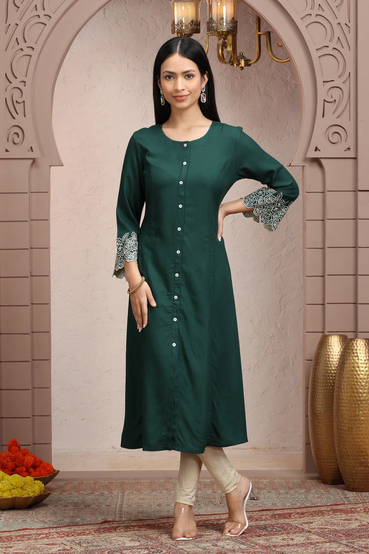 Bottle Green Rayon Straight Embroidered Kurta