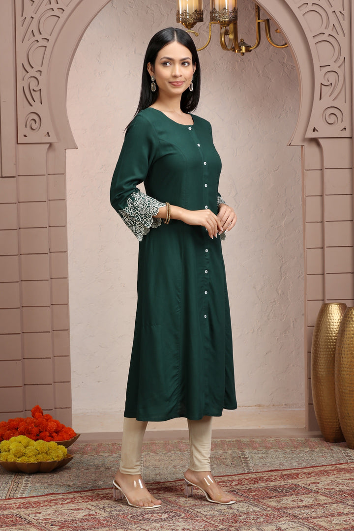 Bottle Green Rayon Straight Embroidered Kurta