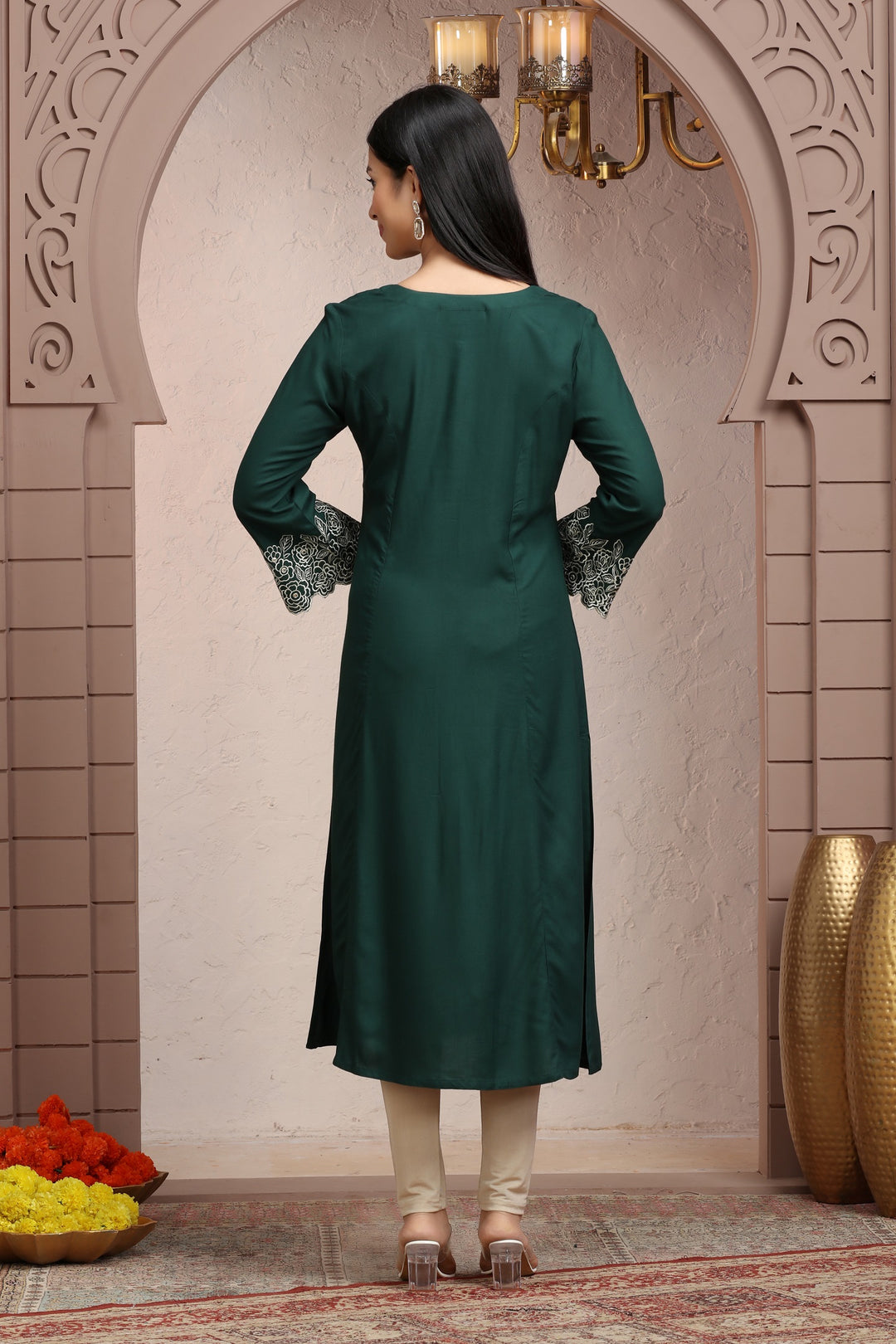 Bottle Green Rayon Straight Embroidered Kurta