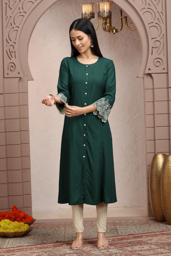 Bottle Green Rayon Straight Embroidered Kurta