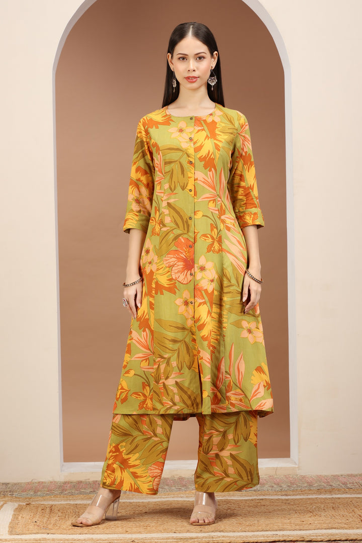 Avacado Green Jaipuri Cotton Printed A Line Kurta Pant Co ord Set