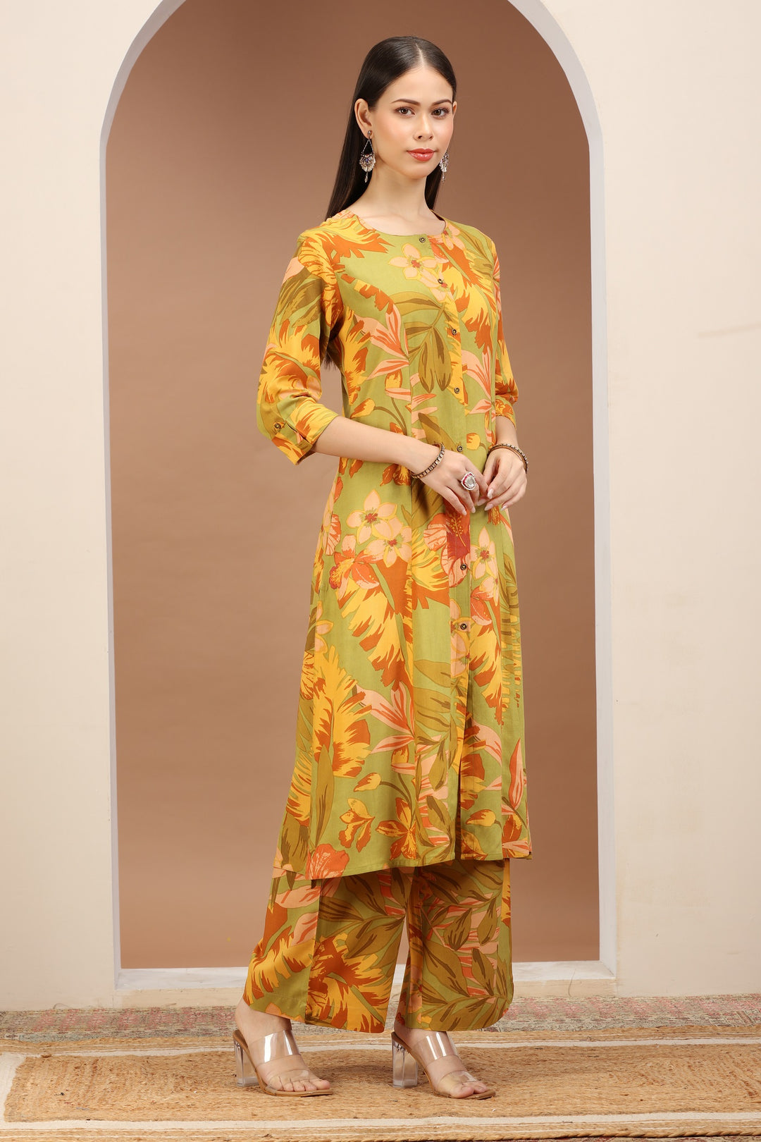 Avacado Green Jaipuri Cotton Printed A Line Kurta Pant Co ord Set