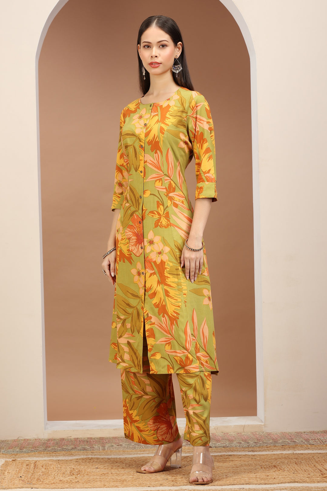 Avacado Green Jaipuri Cotton Printed A Line Kurta Pant Co ord Set